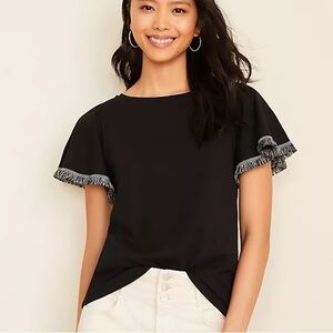Ann Taylor Fringe Sleeve Pima Cotton Tee black NWT